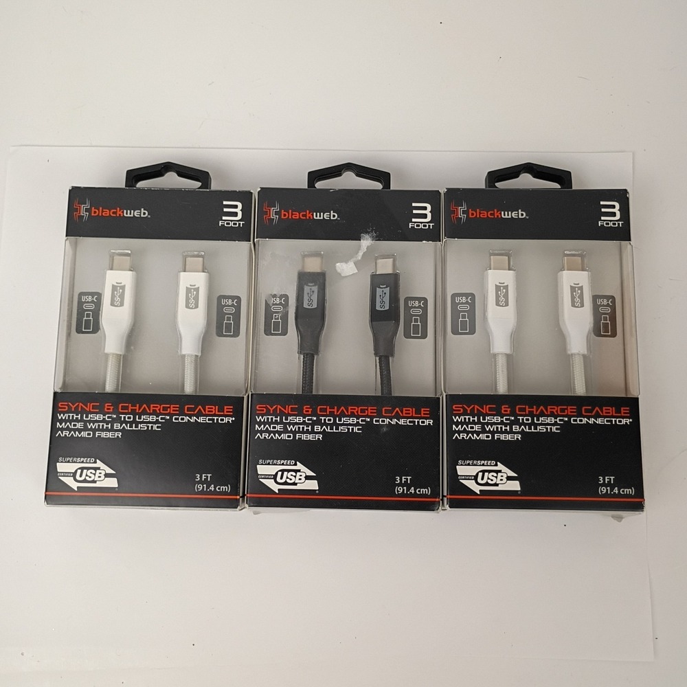 3 Pack of Black Web  3-foot Sync & Charge Cables  with USB-C And USB-C Connector